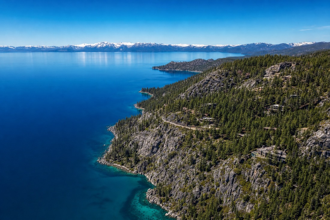 Aerial overlook above Marlette Lake and the Nevada east shore of Lake Tahoe