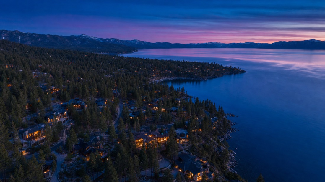 Twilight aerial overview of Nevada-side Lake Tahoe